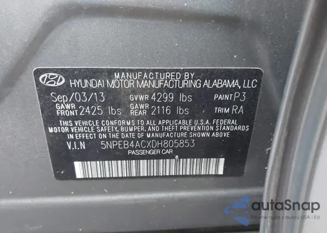 2013 Hyundai Sonata Gls z USA, uszkodzony, nr VIN 5NPEB4ACXDH805853